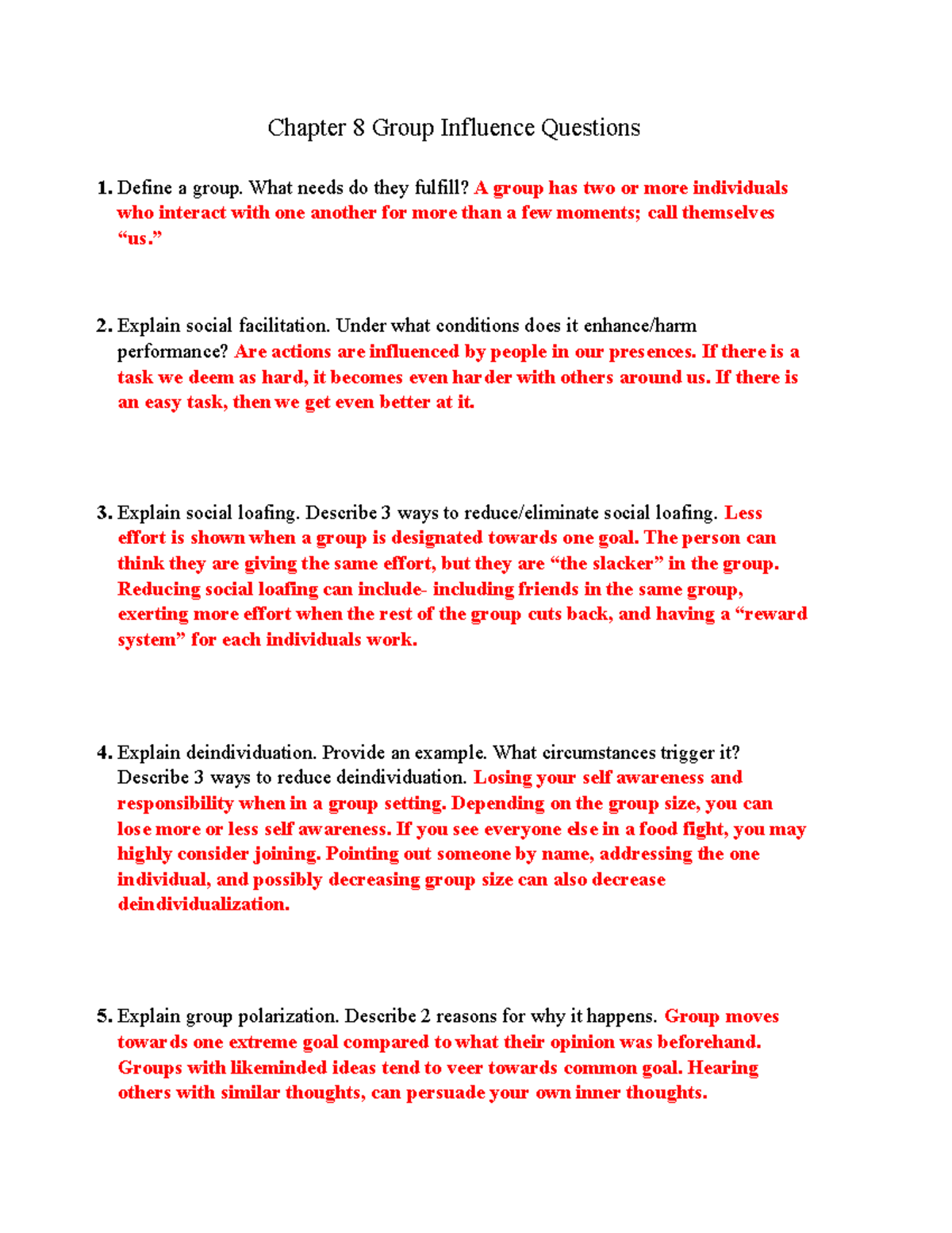 Chapter 8 Social Psychology: Group Influence Questions - Studocu