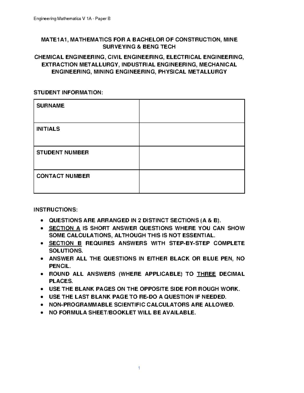 Engineering Mathematics V 1A Paper B - Student Exam Guide MATE1A1 - Studocu