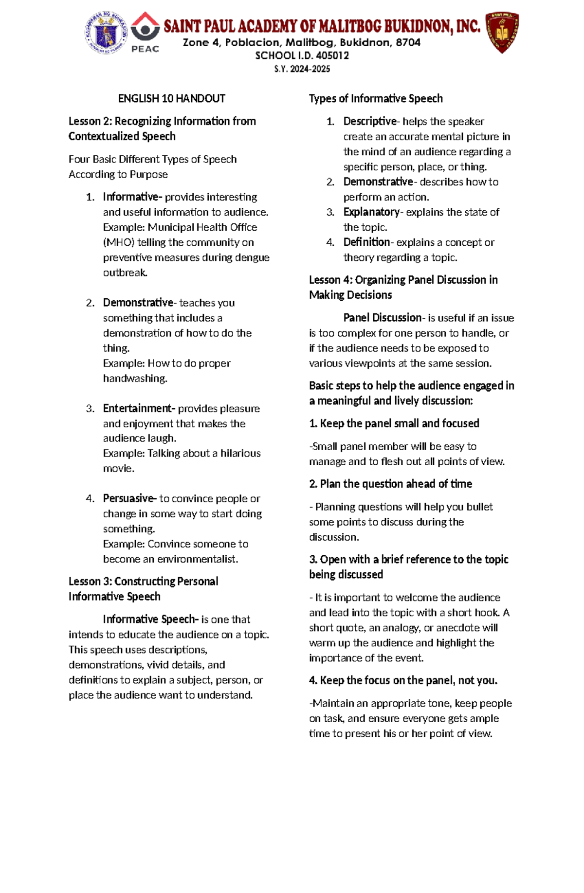 English 10 - Handout on Speech Types and Panel Discussions - Studocu
