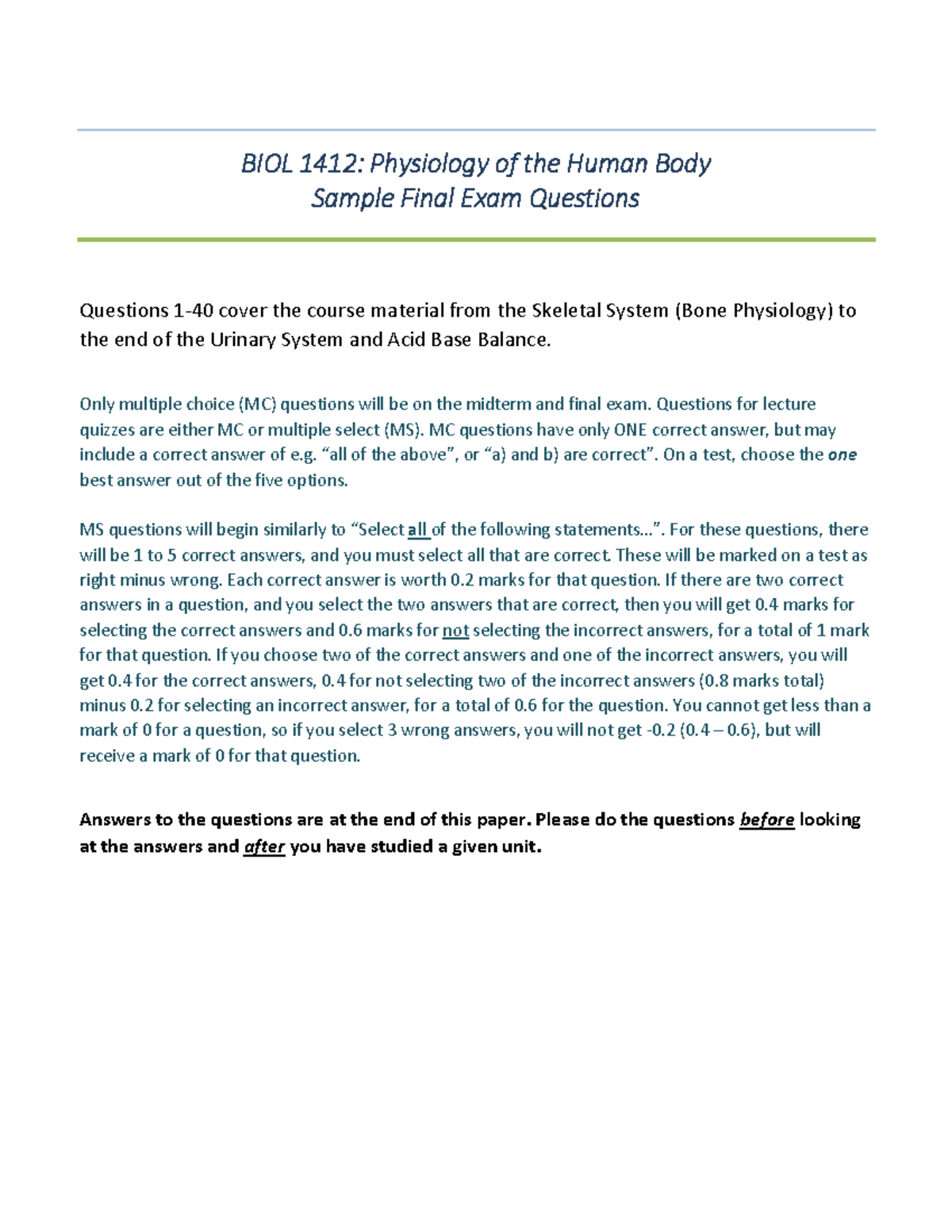 BIOL 1412: Sample Final Exam Questions - Studocu