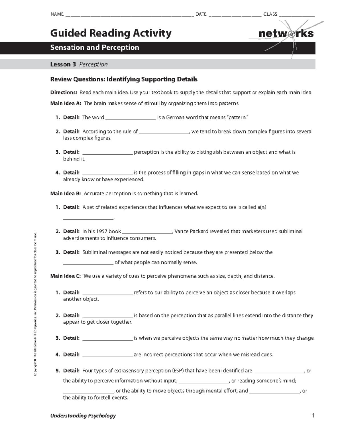 PSY 101: Guided Reading Activity on Sensation & Perception Lesson 3 ...