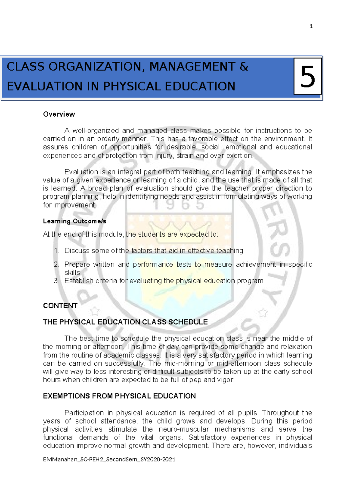 PE & Health Module 5: Class Management & Evaluation Strategies - BEED ...
