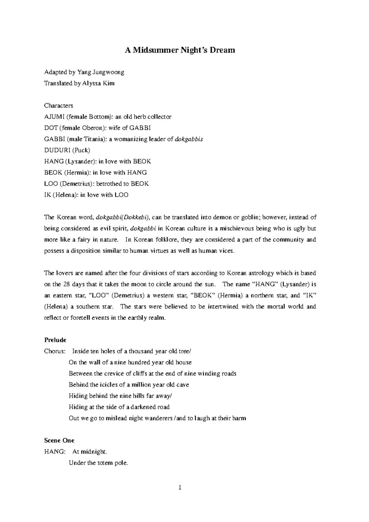 Korean Adaptation of A Midsummer Night's Dream - Script by Yang ...