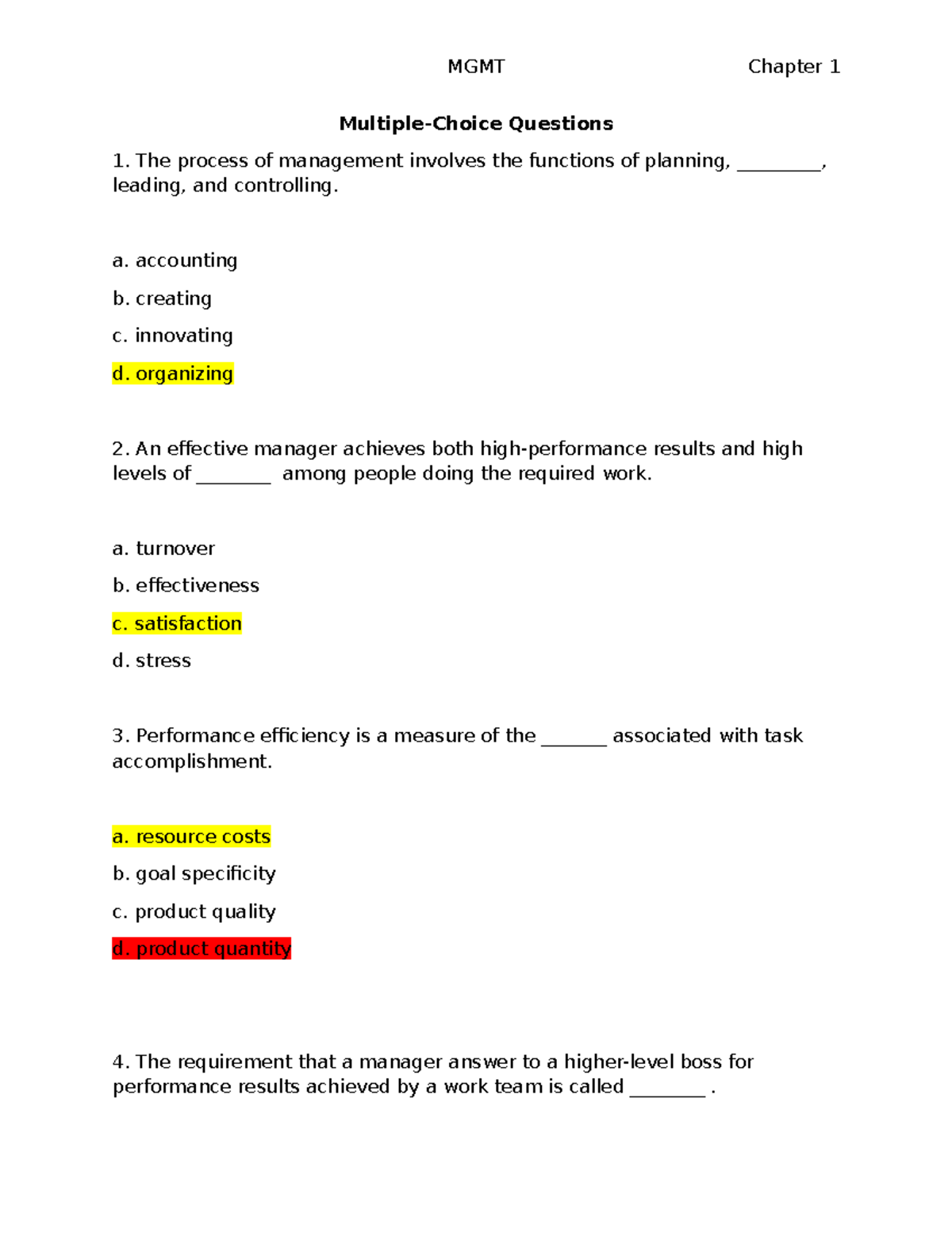 Multiple Choice - MGT 101: Chapter 1 Quiz Questions - Studocu