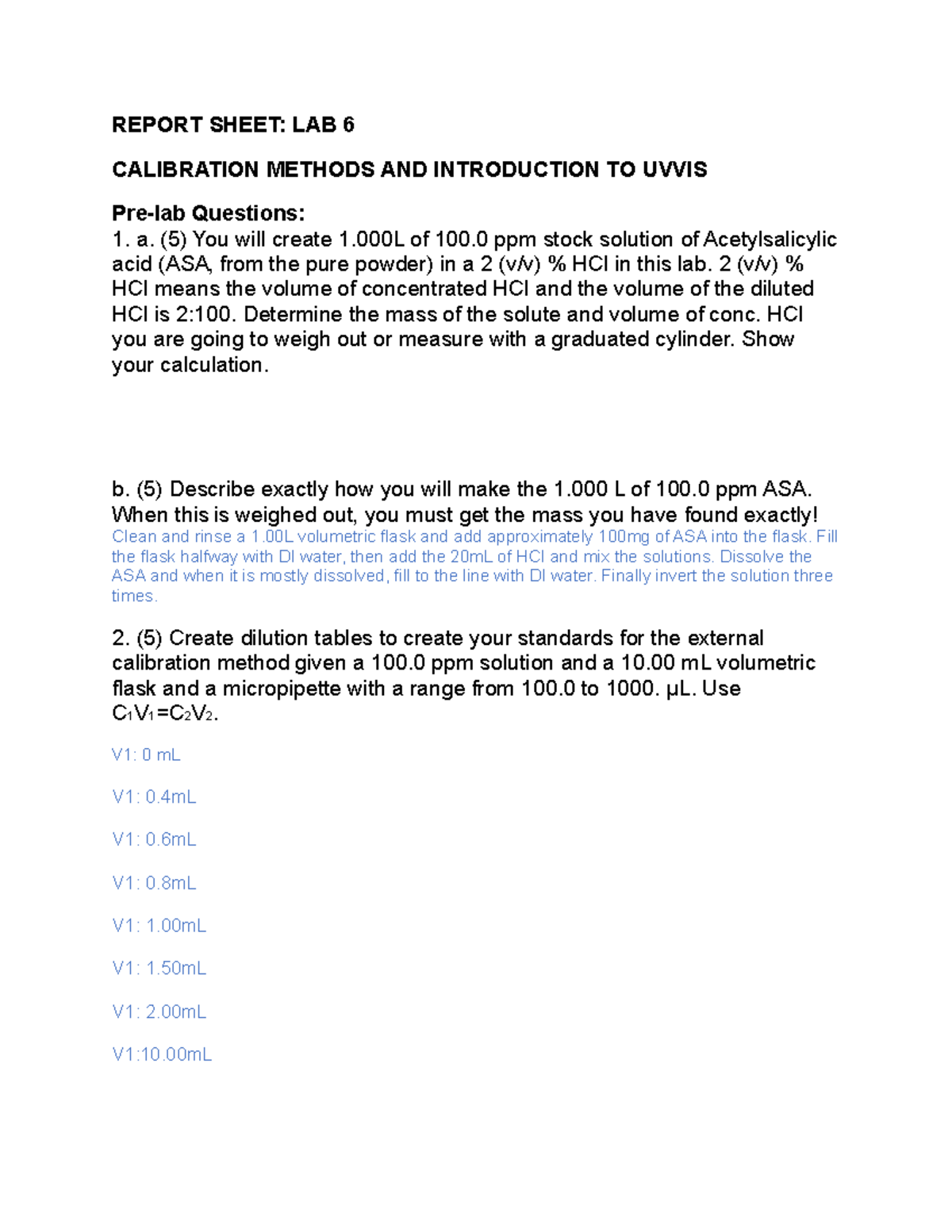 Lab 6 Report Sheet: Calibration Methods for ASA Using UV-Vis Analysis ...