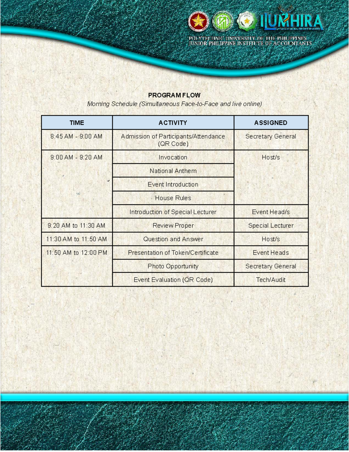 JPIA Review S5: Morning Schedule for 2nd Installment Event - Studocu