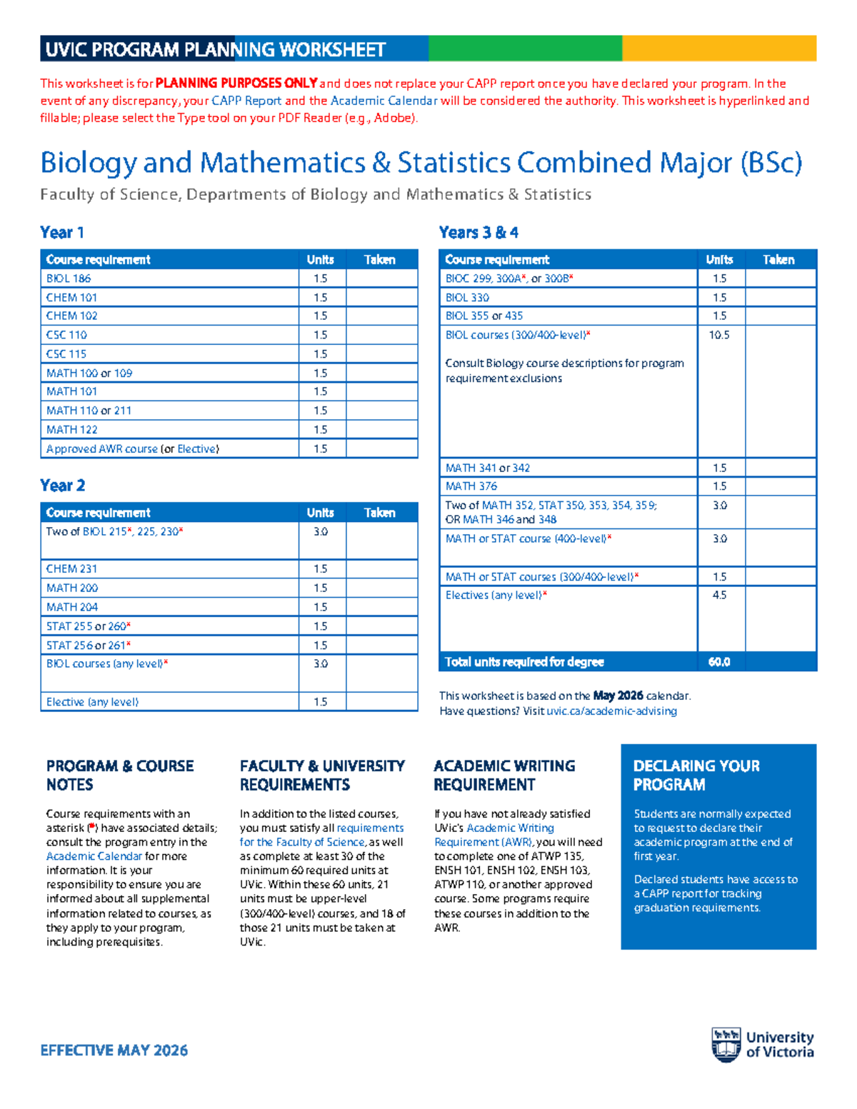 UVIC BSc Biology & Math Stats Combined Major Planning Worksheet - Studocu