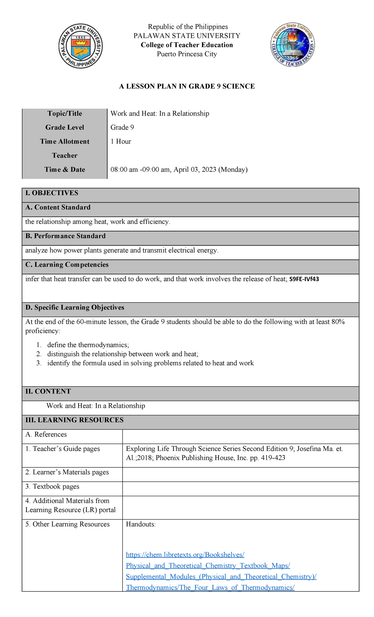Grade 9 Science Lesson Plan: Work and Heat Relationship (DLP) - Studocu