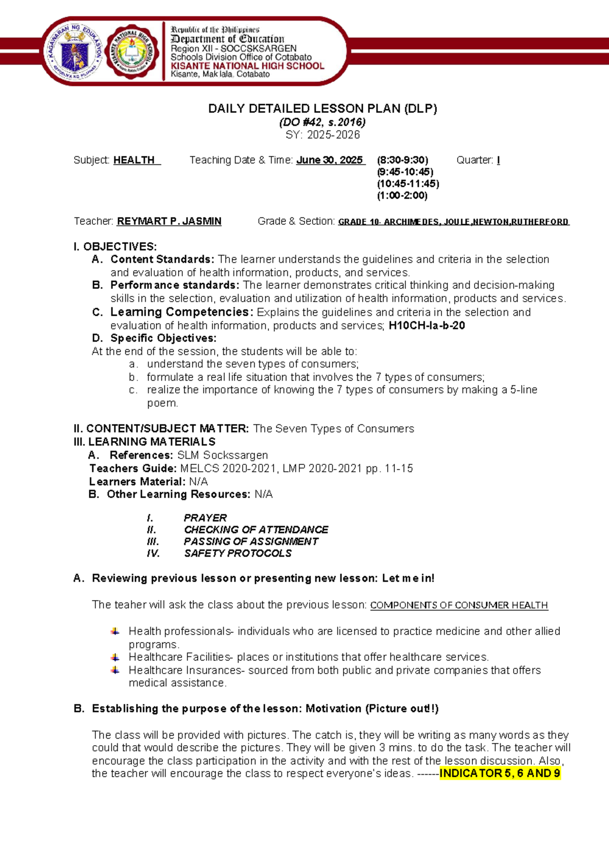 DAILY DETAILED LESSON PLAN (DLP) for HEALTH - Grade Archimedes, Joule ...