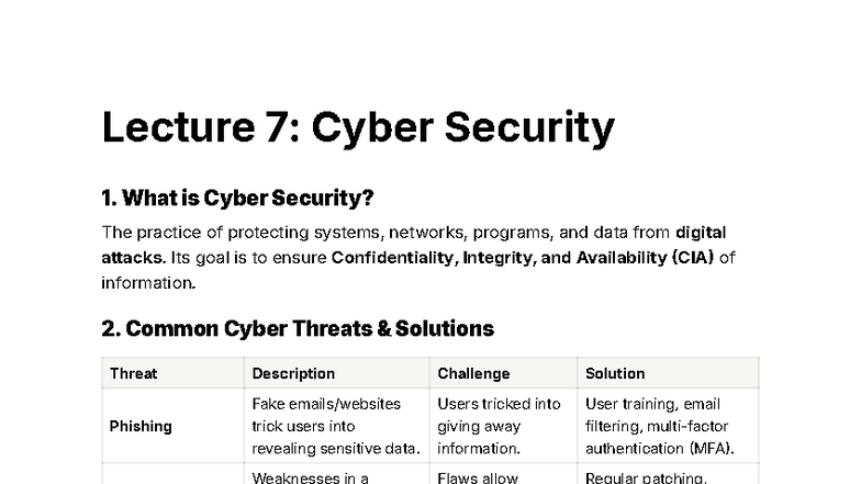 Cyber Security Lecture 7: Key Concepts and Threat Solutions - Studocu