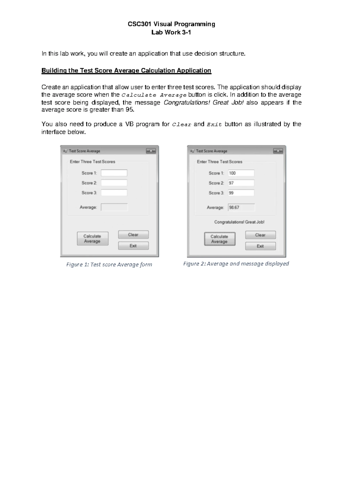 CSC301 Lab Work 4-2: Visual Programming with Sub Procedures - Studocu