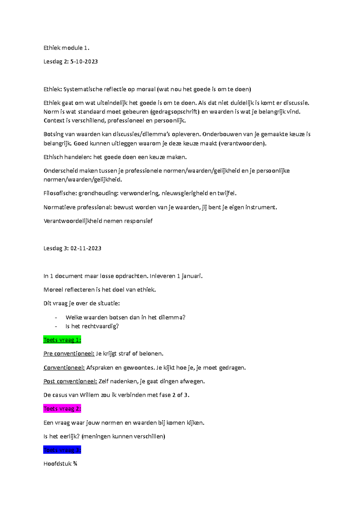 Ethiek Lesdag 2-3: Reflectie op Moraal en Waarden - Module 1 - Studeersnel