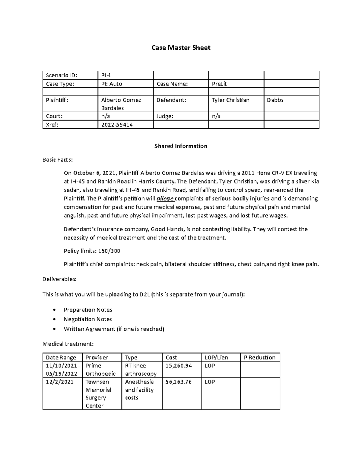 Session 1 - PI Scenario 1 - Defense Only 1 - Case Master Sheet Scenario ...