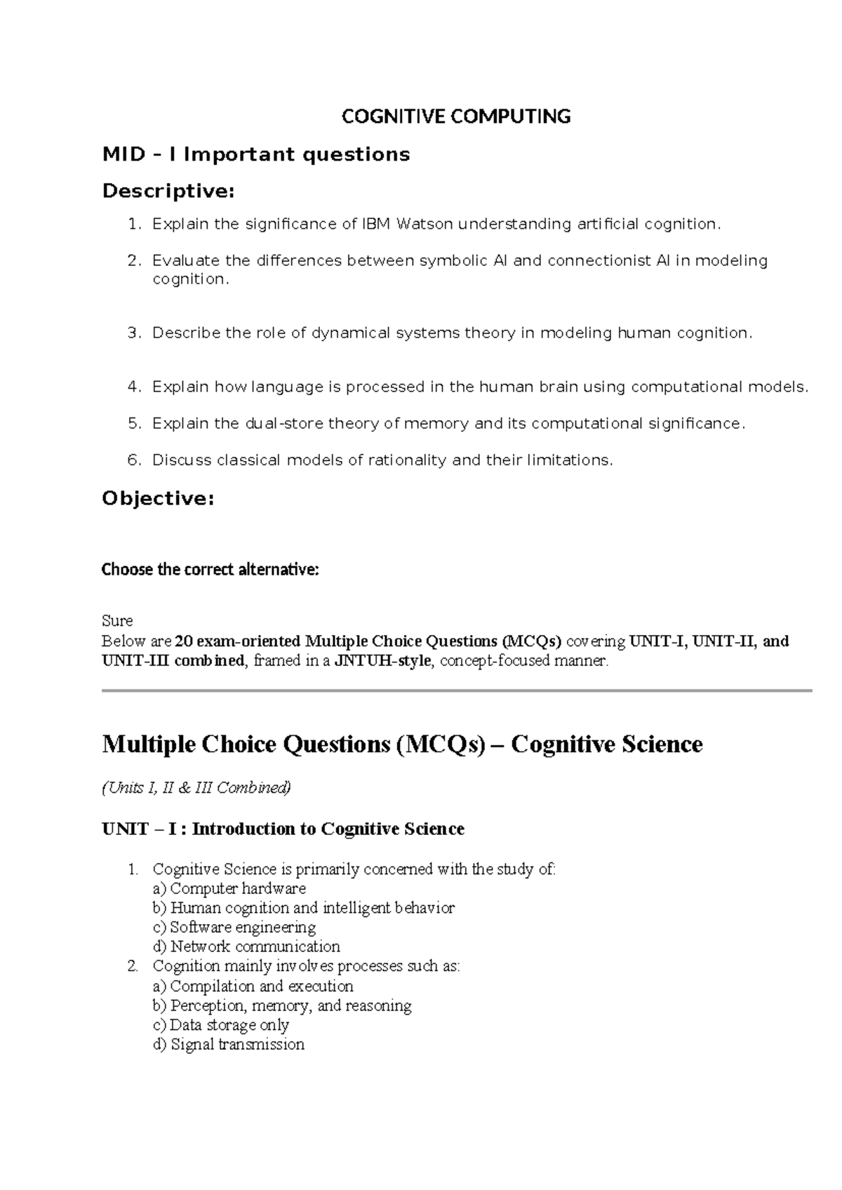 Cognitive Computing COGN 101 Midterm Important Questions - Studocu