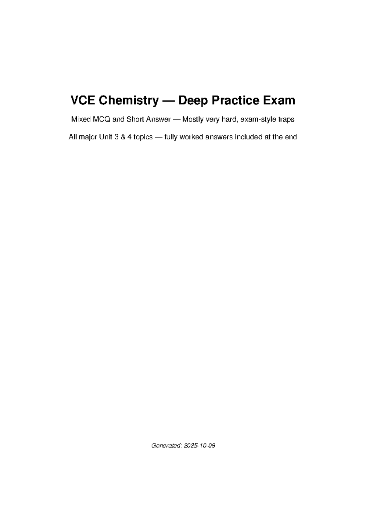 VCE Chemistry Unit 3 & 4 Hard Practice Exam: MCQ & Short Answers - Studocu