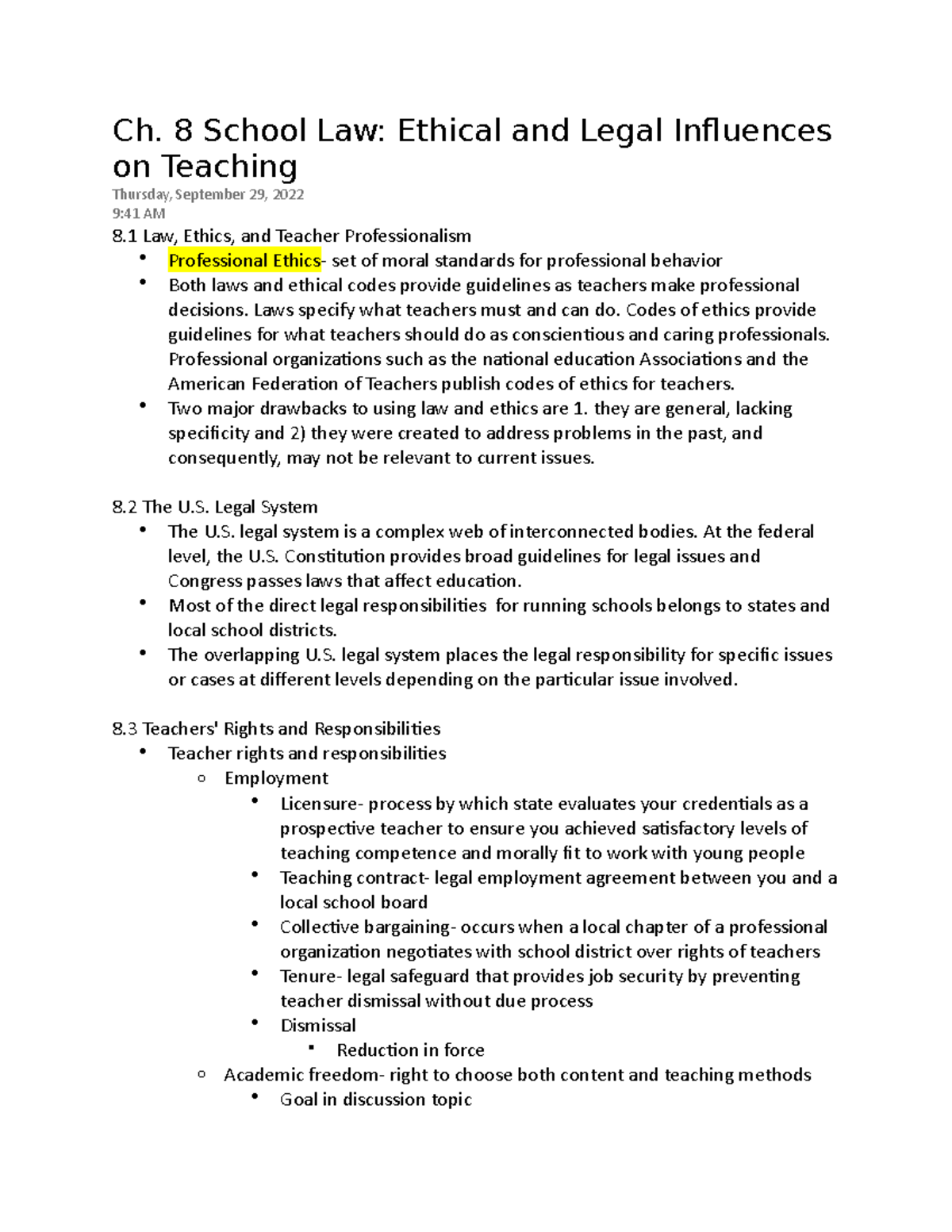 Ed-100 Ch. 8 Notes - School Law: Ethical & Legal Influences on Teaching ...