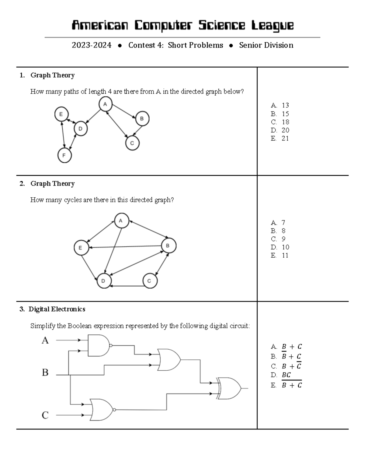 ACSL 4 Senior Division Contest 4: Short Problems Practice - Studocu