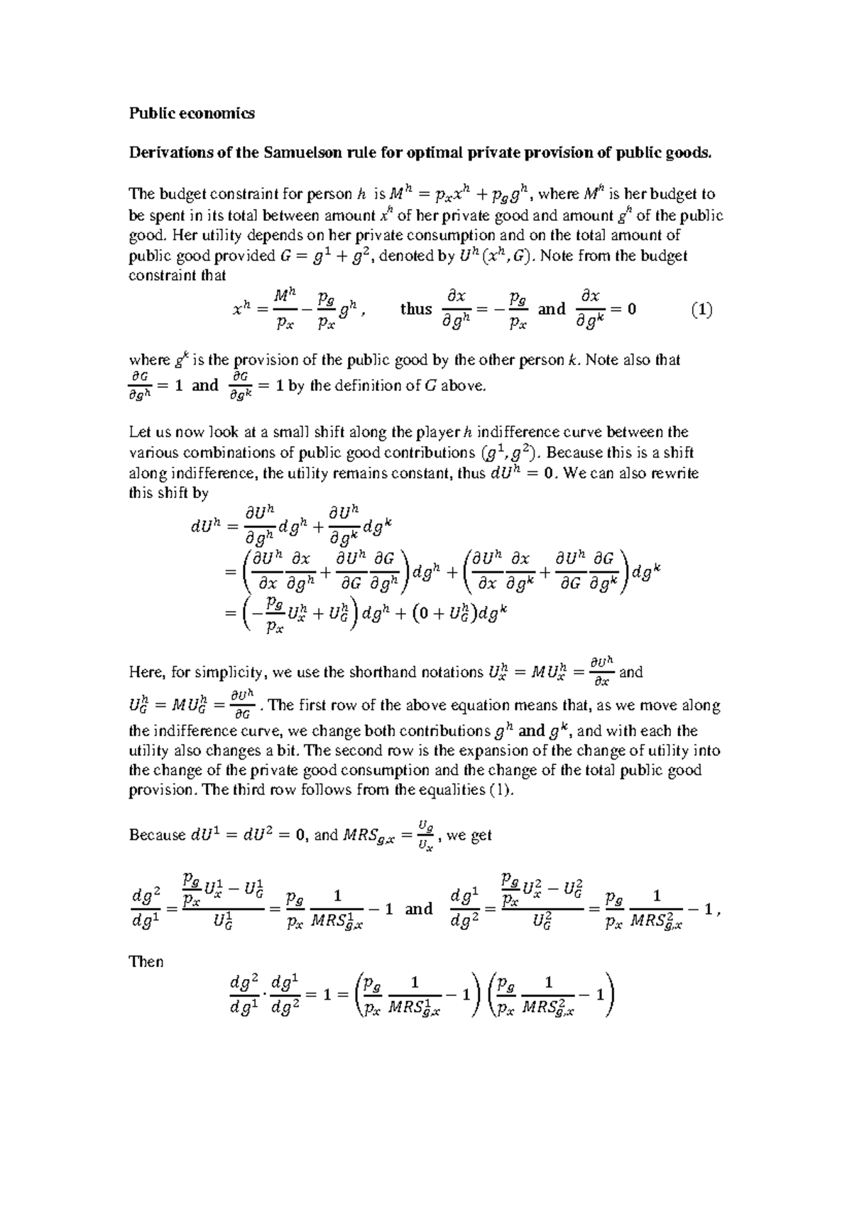 Analysis of the Samuelson Rule in Public Economics (Course Code: PEC ...