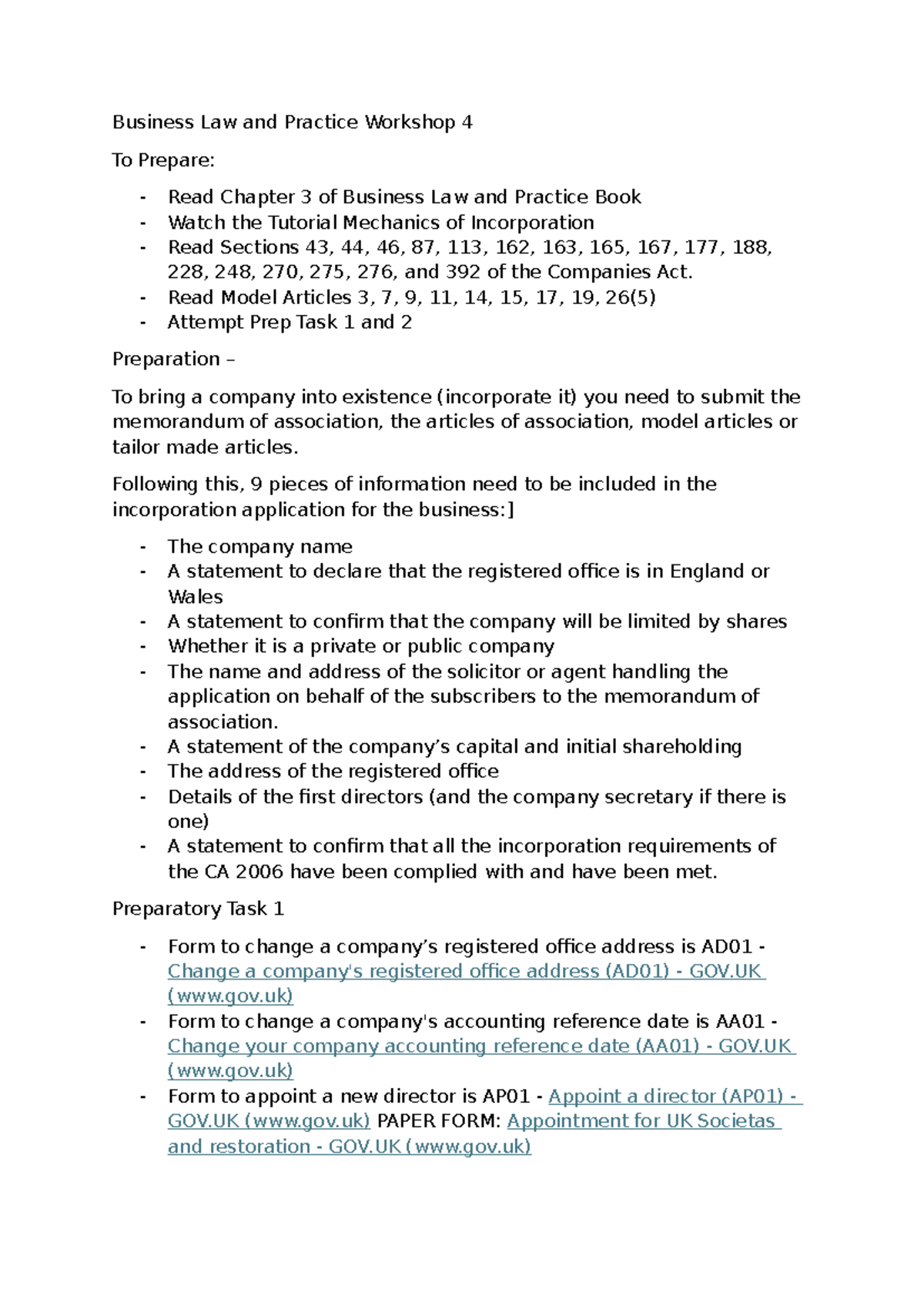 Business Law and Practice Workshop 4 Notes - Read Model Articles 3, 7 ...