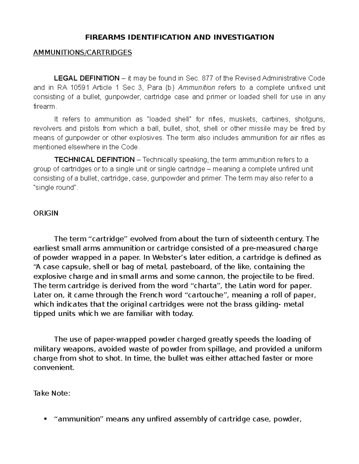 Ammo 1: Handouts on Firearms Identification & Ammunitions - Studocu