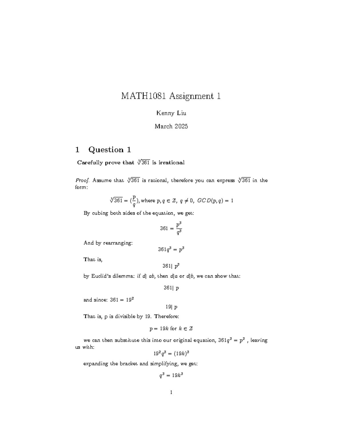 MATH1081 Assignment 1: Proving Irrationality and Integer Properties ...
