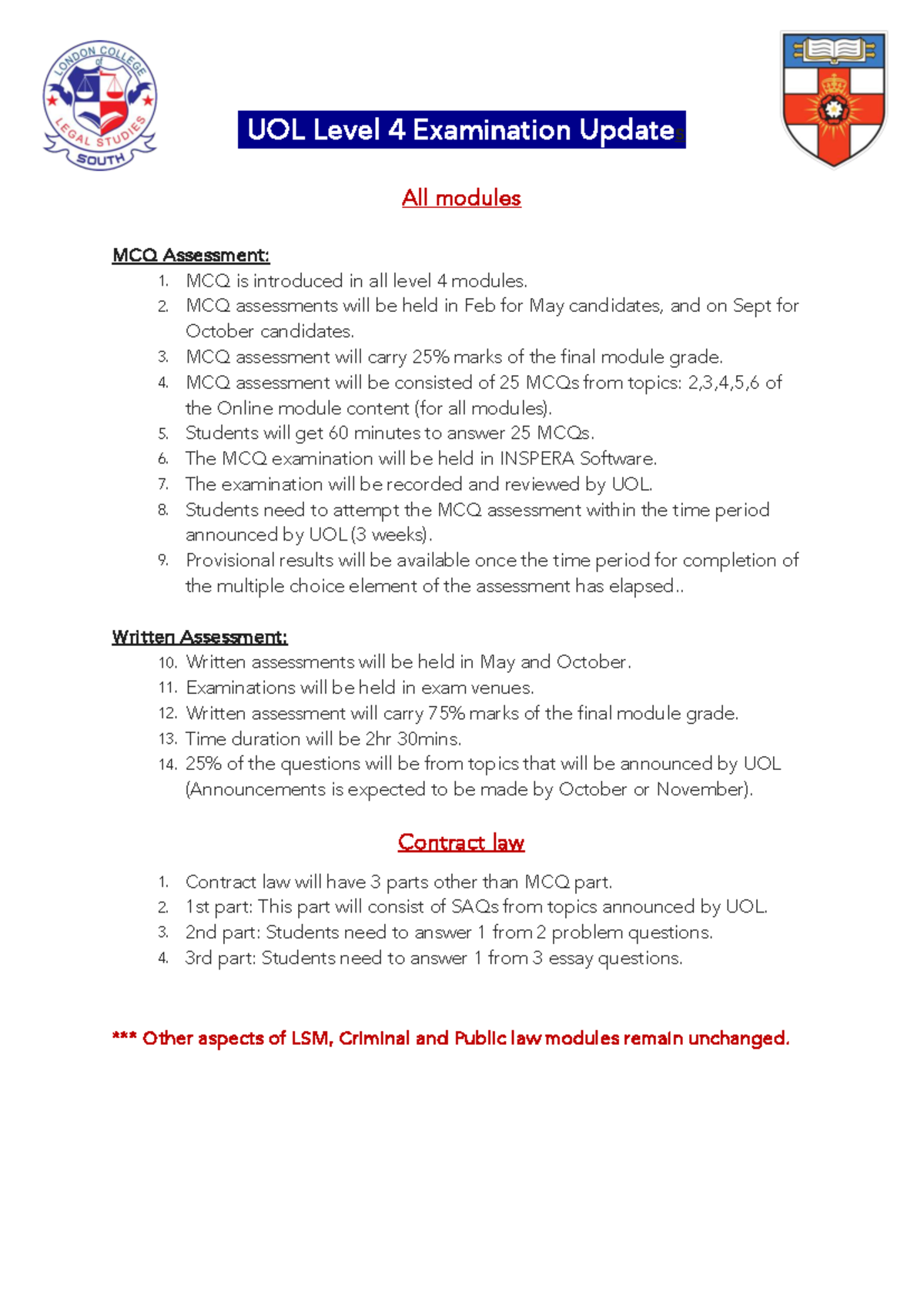 UOL Level 4 Exam Updates: MCQ & Written Assessment Details - Studocu