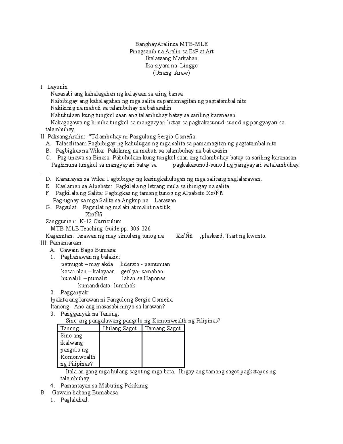 Grade 1 Lesson PLAN MTB-MLE 2ND Grading WEEK 9 - BanghayAralinsa MTB ...