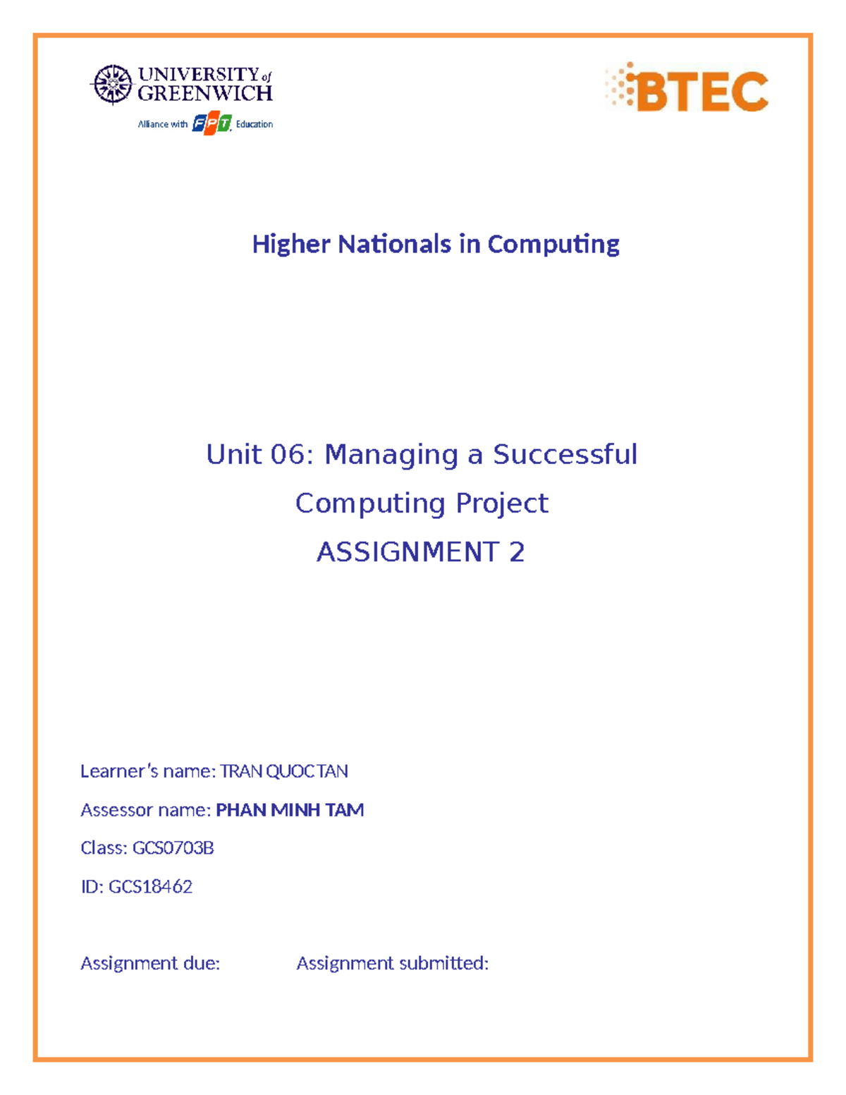 GCS18462 Assignment 2: Managing a Successful Computing Project - Studocu