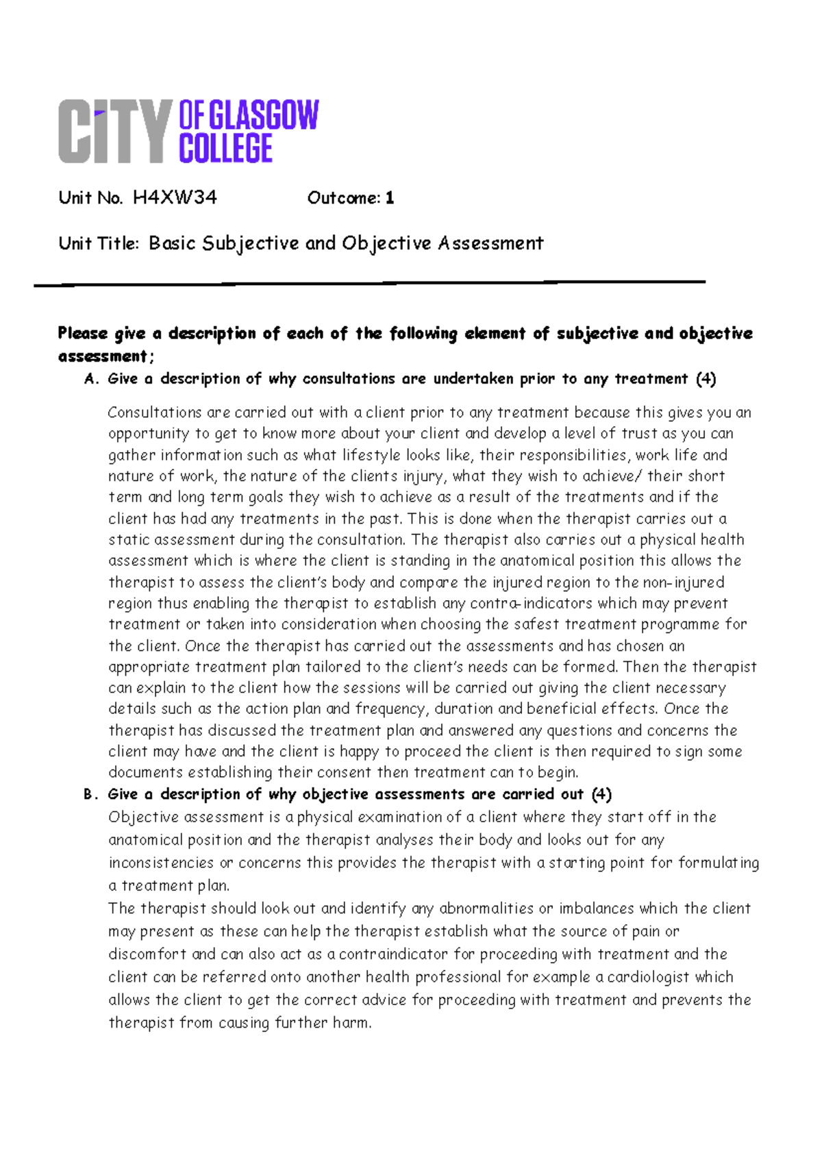 H4XW34 LO1 Assessment - Subjective & Objective Assessments in Sports ...