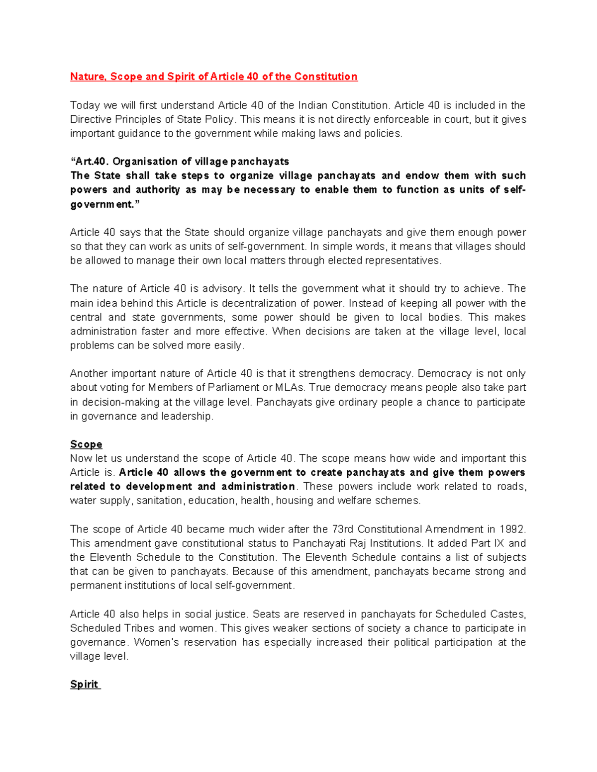 Nature, Scope, and Spirit of Article 40: Development of Panchayati Raj ...