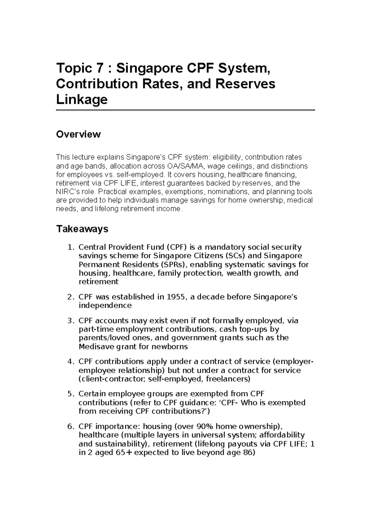 Topic 7: Overview of Singapore CPF System, Contribution Rates ...