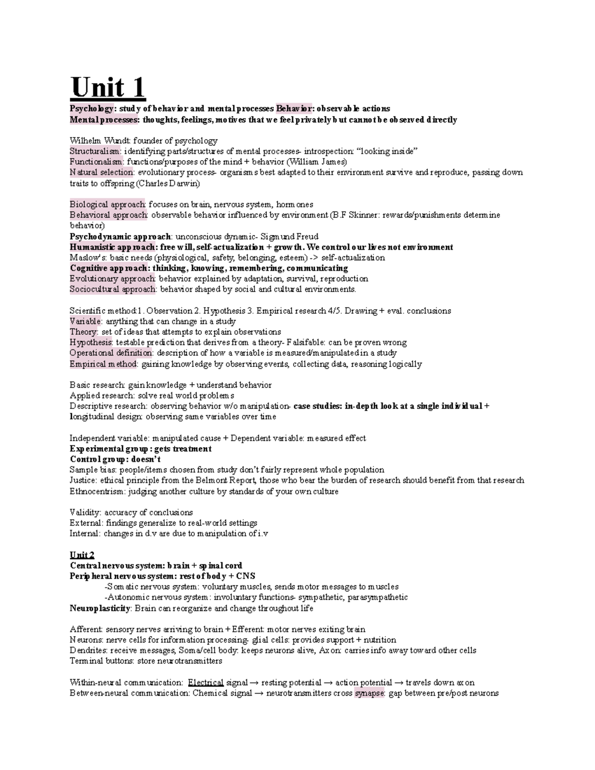 Psychology 101: Unit 1 & 2 Lecture Notes - Studocu