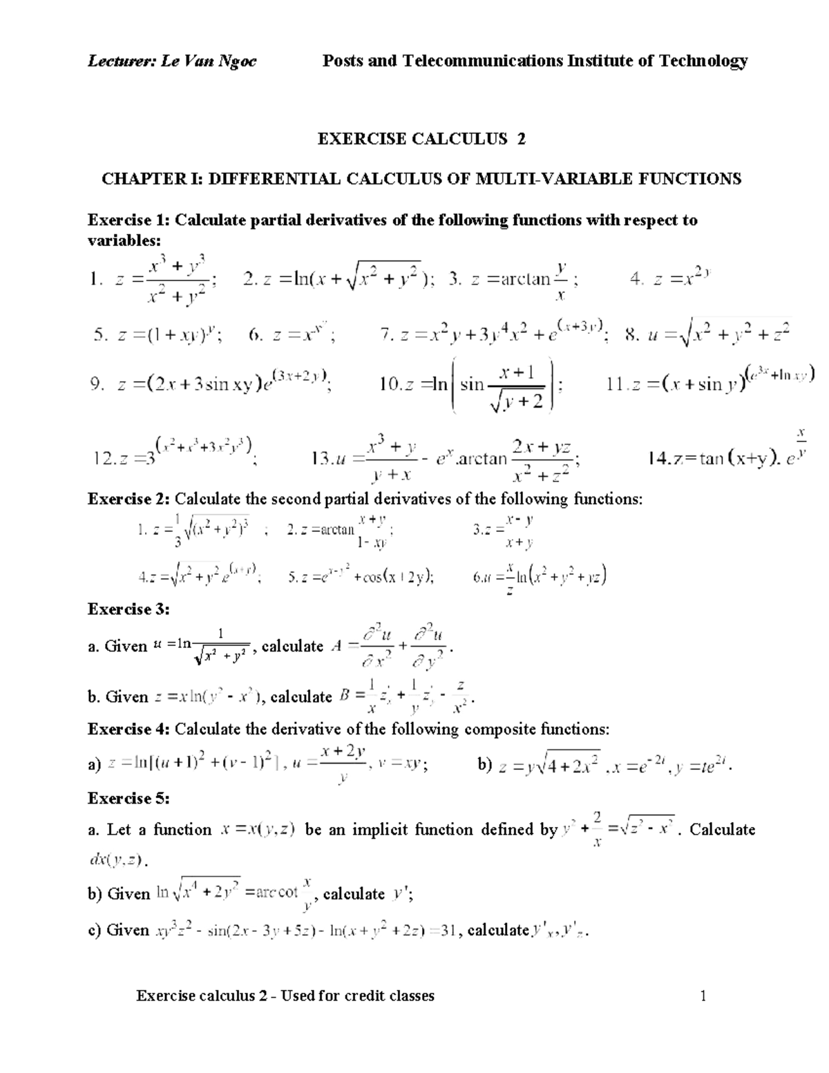 Exercise Calculus 2 - Partial Derivatives and Integrals Solutions - Studocu