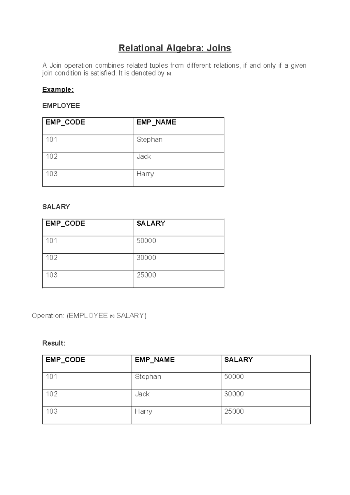 Relational Algebra-Joins - Relational Algebra: Joins A Join operation ...