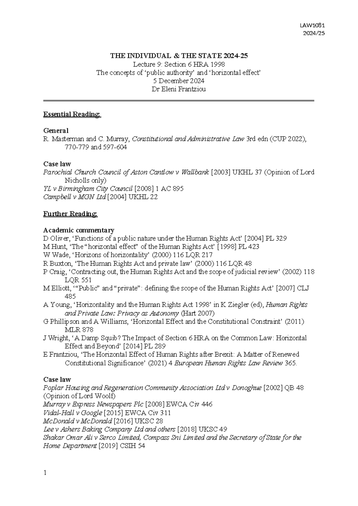 Lecture 9: Understanding Section 6 of the Human Rights Act (HRA 1998 ...
