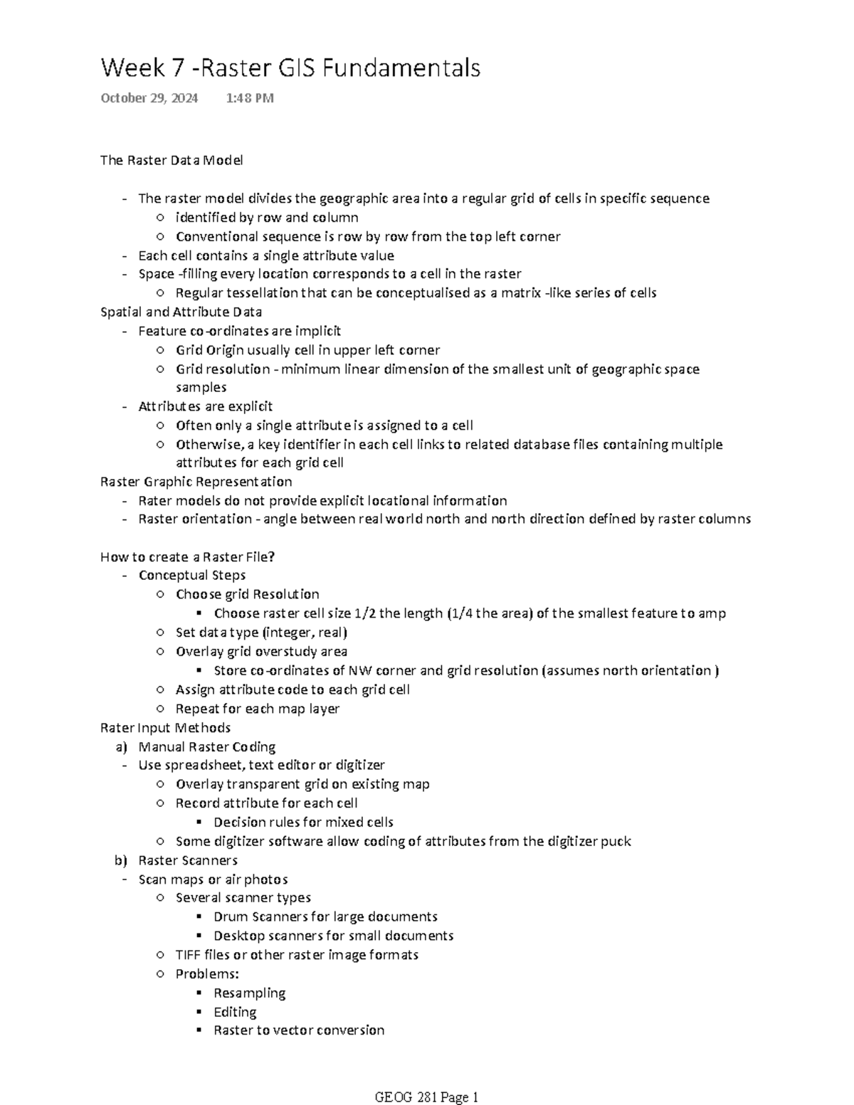 Week 7 GEOG 281 - Lecture Notes on Raster Data Model - Studocu
