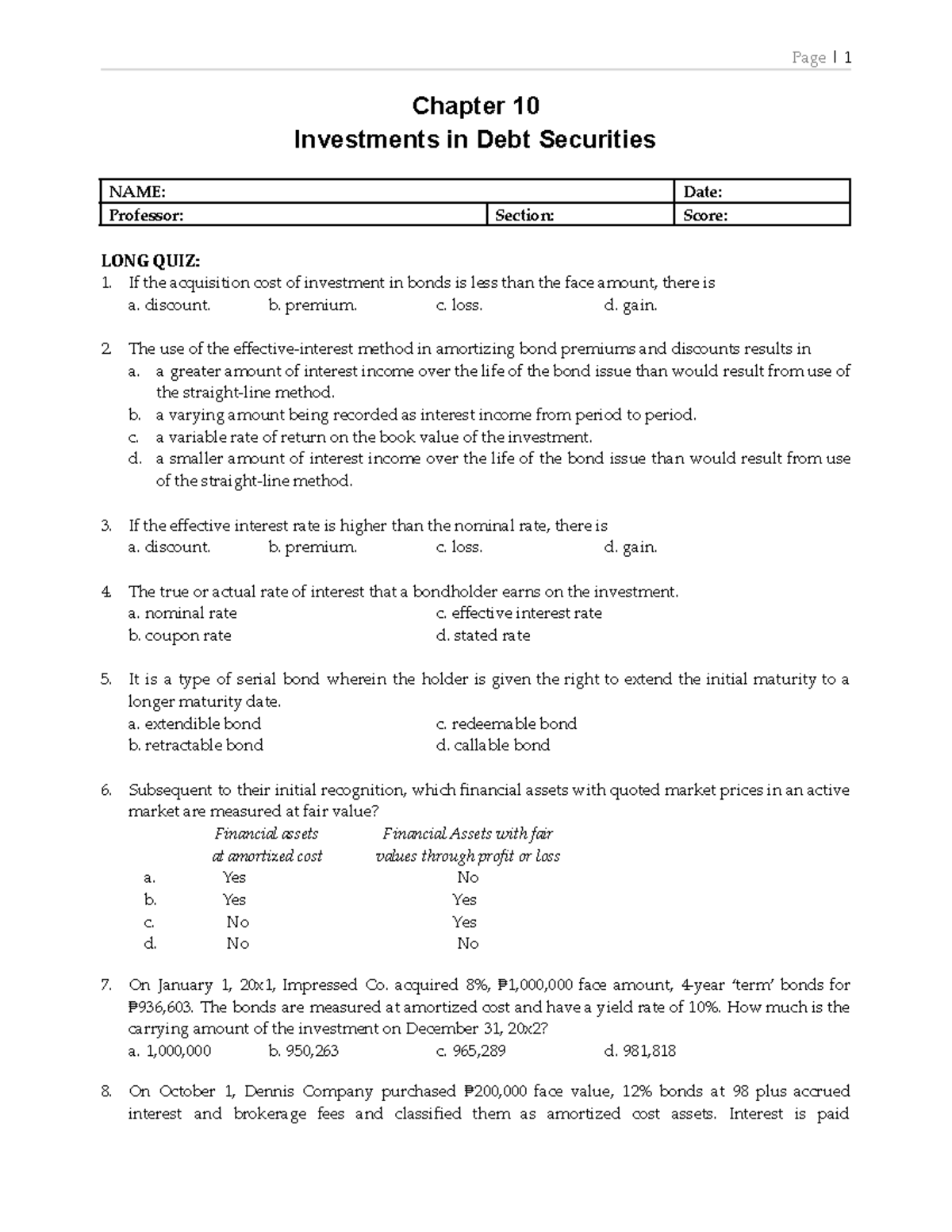 QUIZ: Chapter 10 - Investments in Debt Securities IA - Studocu