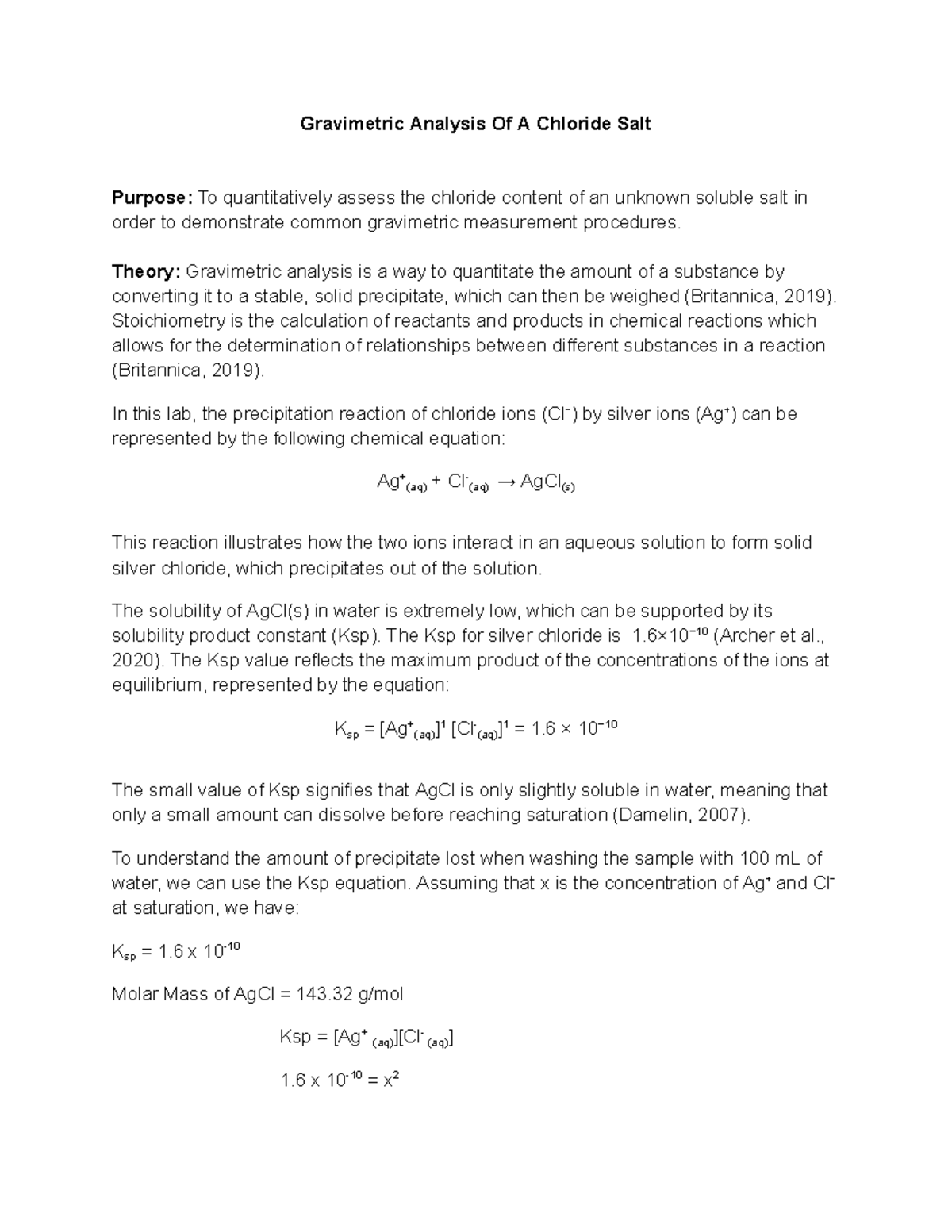 Gravimetric Analysis Lab of Chloride Salt - CHEM1101 Report - Studocu