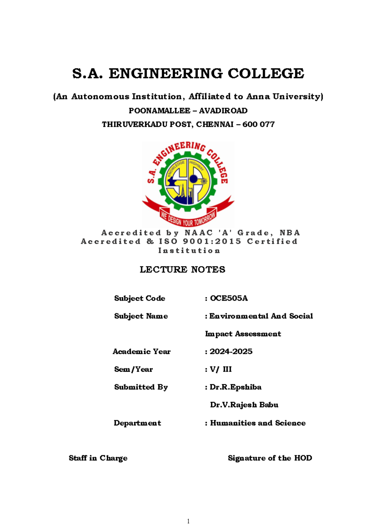 OCE505A Final Lecture Notes on Environmental & Social Impact Assessment ...