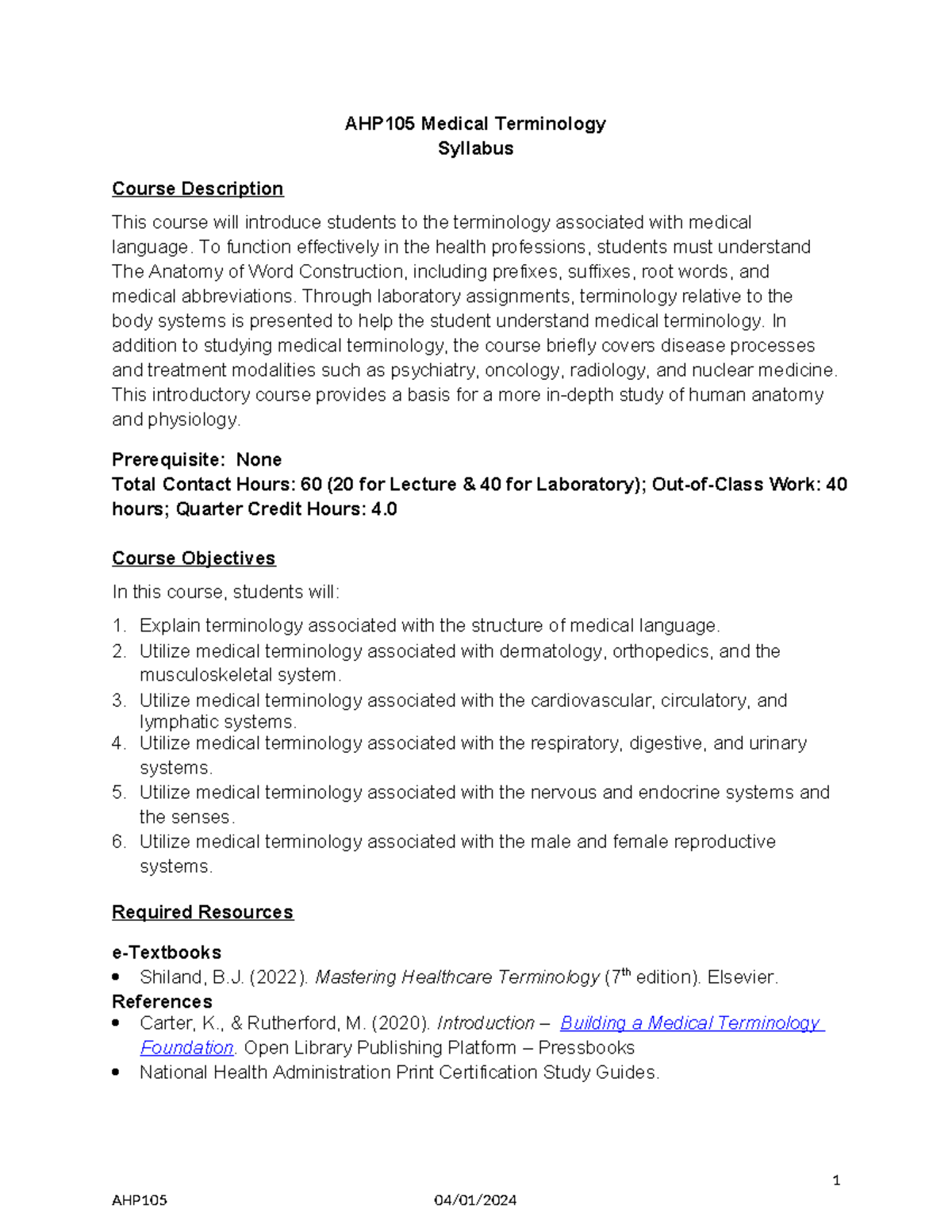 AHP105 Medical Terminology Online Syllabus - AHP105 Medical Terminology ...