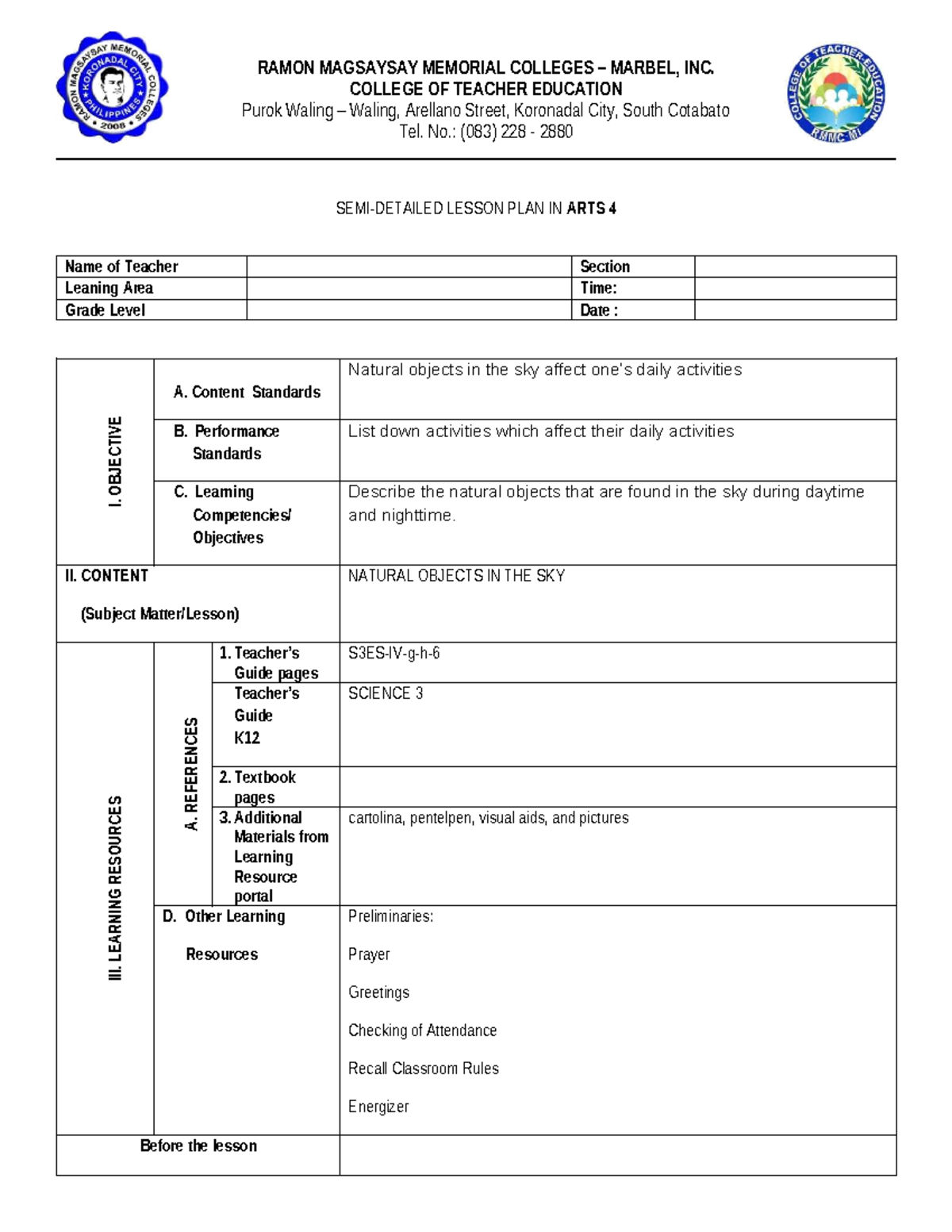 Semi-Detailed Lesson Plan in Arts 4: Natural Objects in the Sky - Studocu
