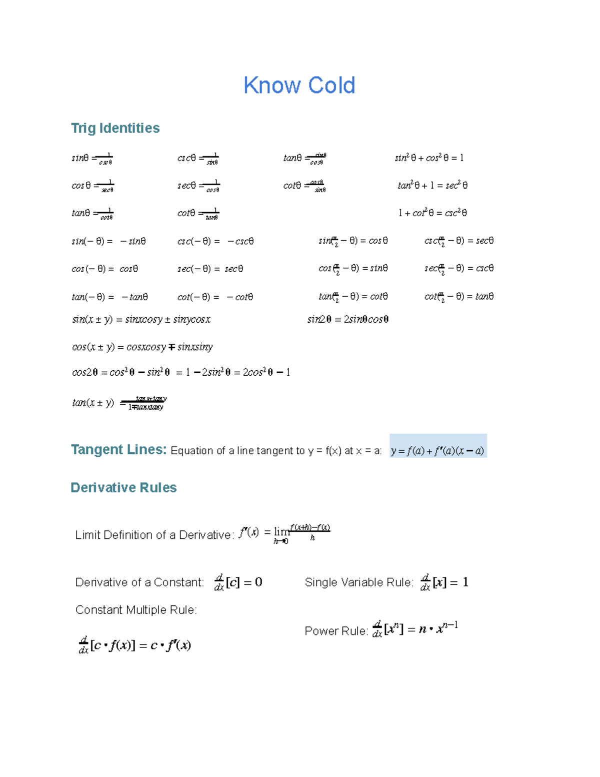 Know Cold - MATH 101 - Trigonometric Identities and Derivatives Study ...