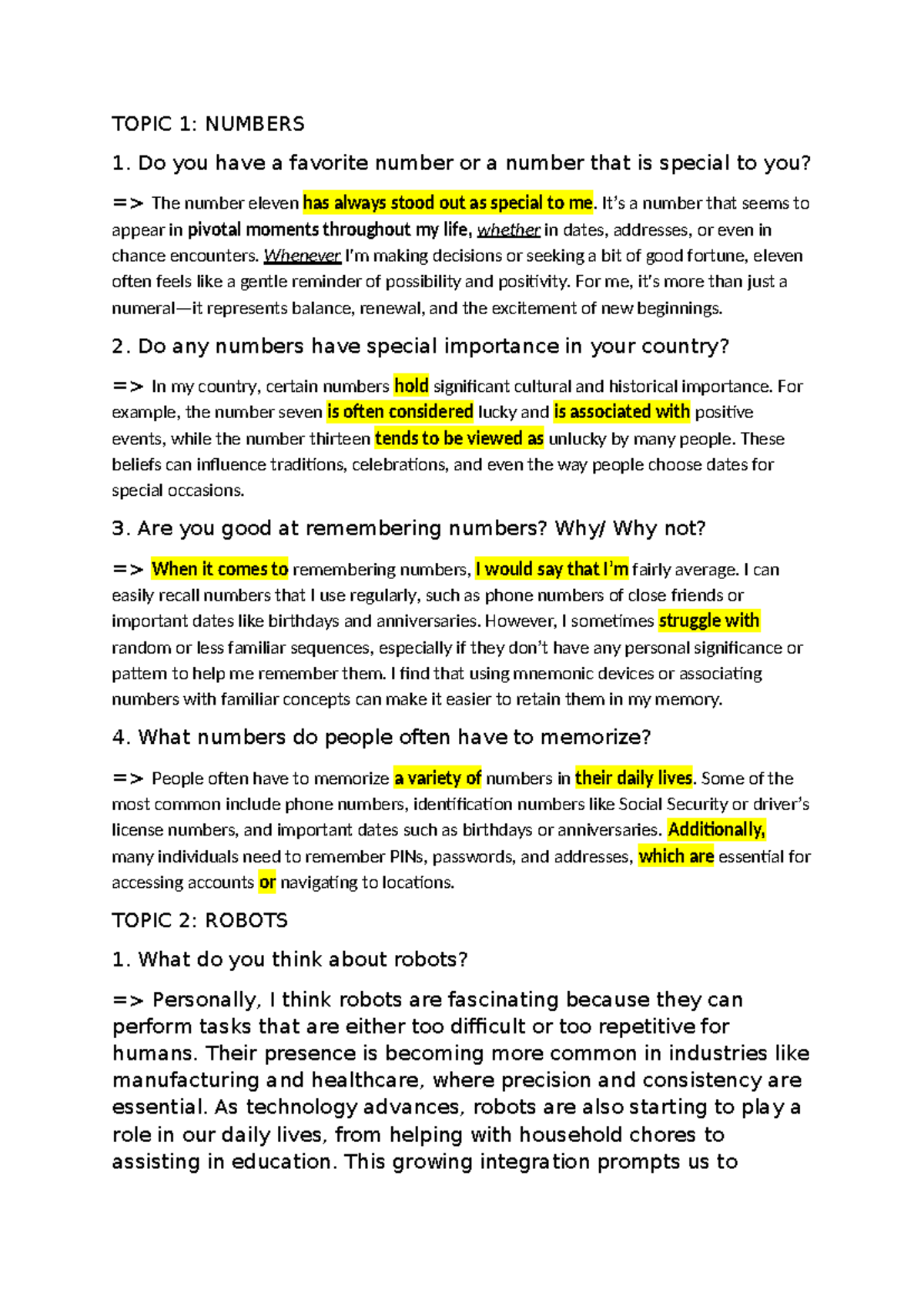 Speaking Tasks - PART 1: Numbers & Robots Insights - Studocu