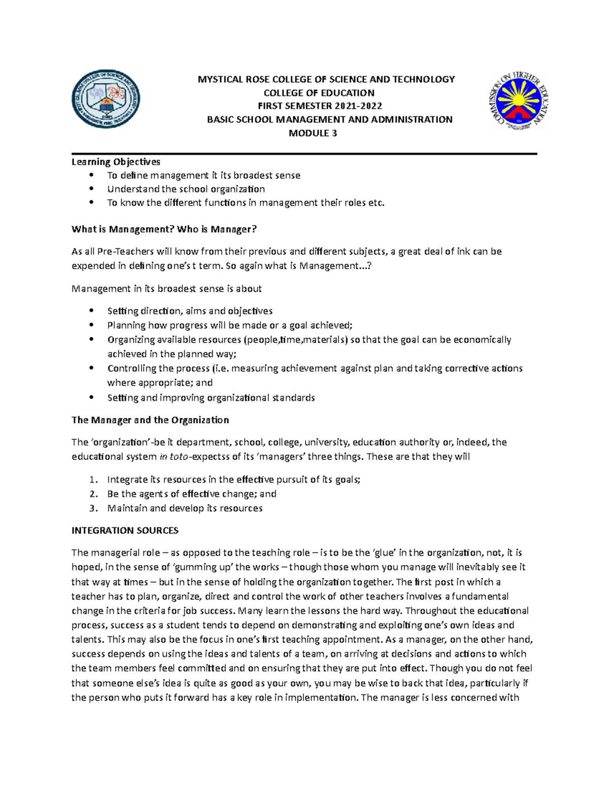 Module 3: Essentials of School Management & Administration - Studocu