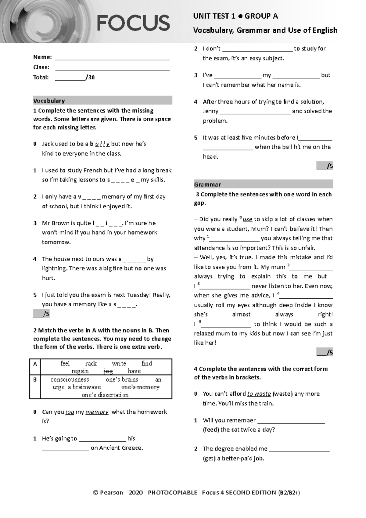 Focus 4 2E Unit Test 1 Group A: Vocabulary & Grammar Review - Studocu