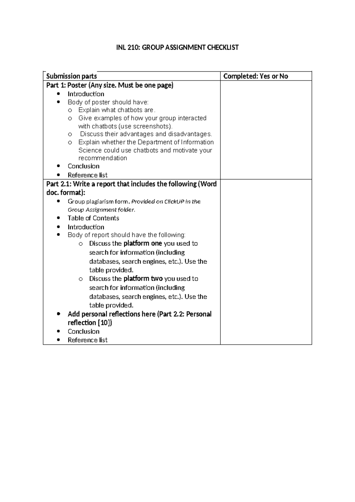 INL 210: Group Assignment Checklist for Chatbots Project - Studocu