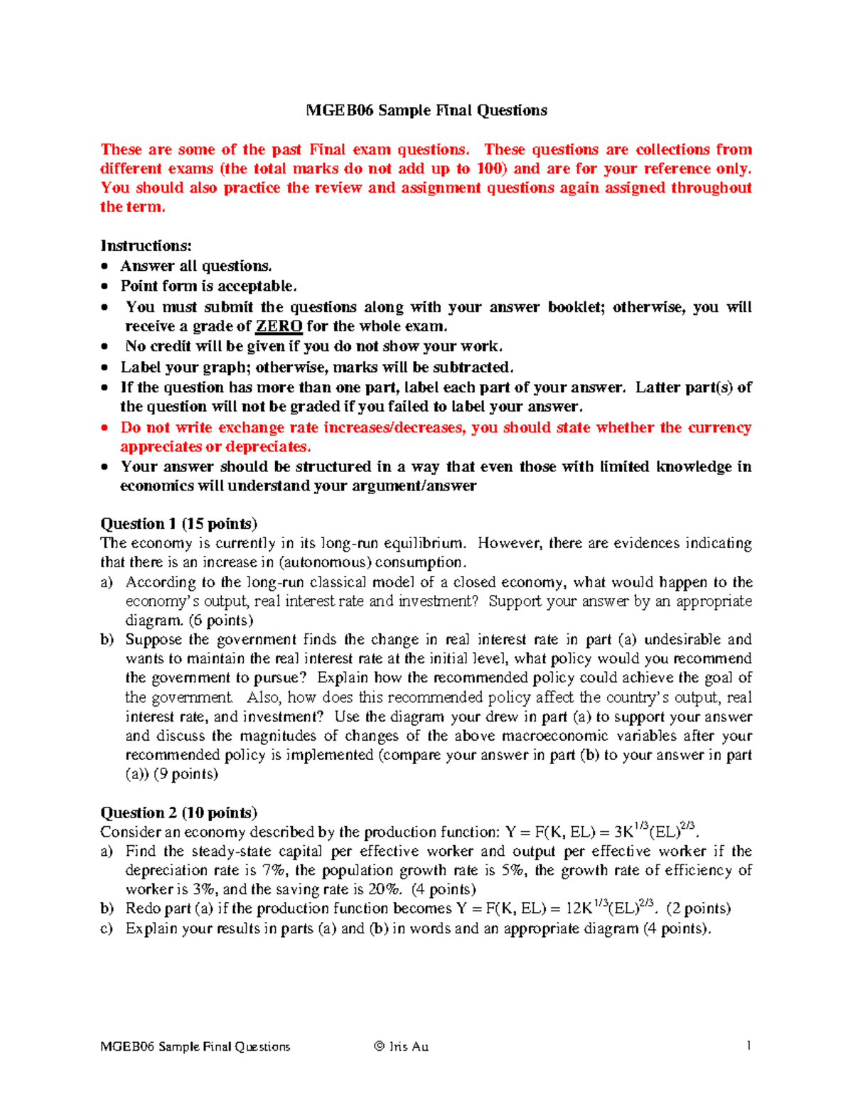 MGEB06 Final Exam: Sample Questions and Guidelines for Economics - Studocu