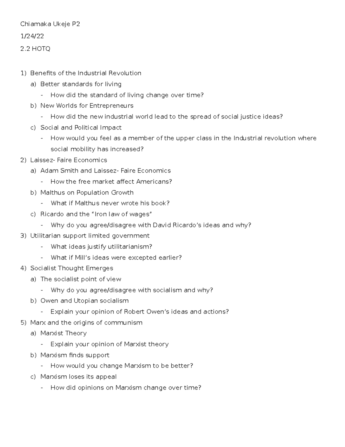 HIST 101: Industrial Revolution and Economic Theories Discussion Notes ...