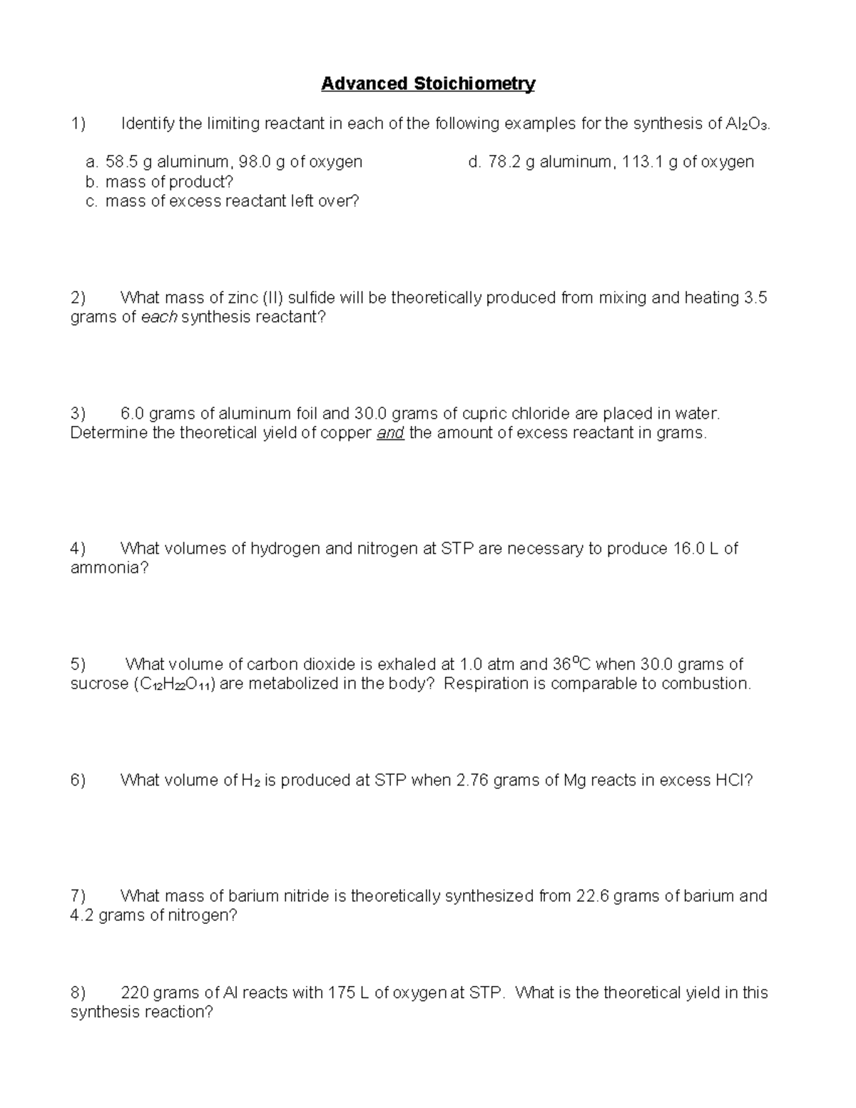 Worksheet - Advanced Stoichiometry: Limiting Reactants & Yields - Studocu