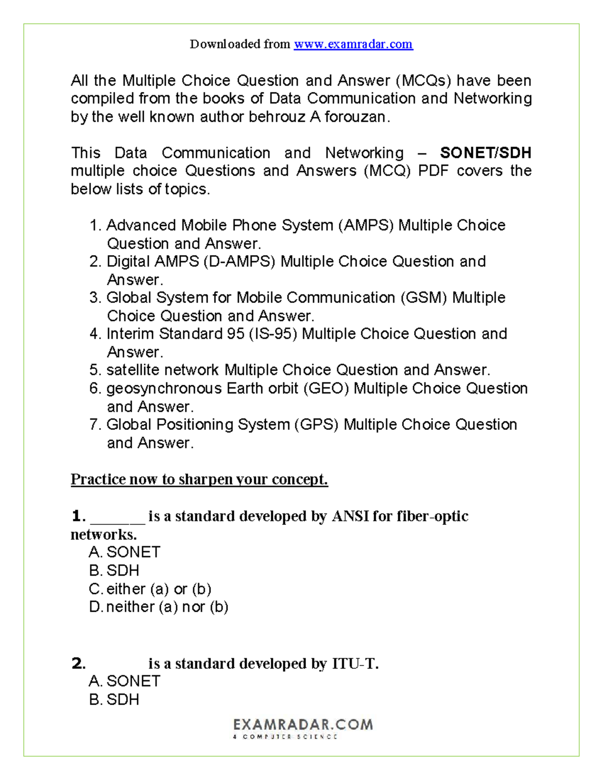 453387714 CH 17 SONET/SDH MCQs for Data Communication & Networking ...
